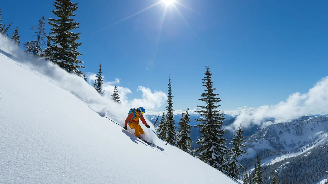Male skier making turn on powder slope.