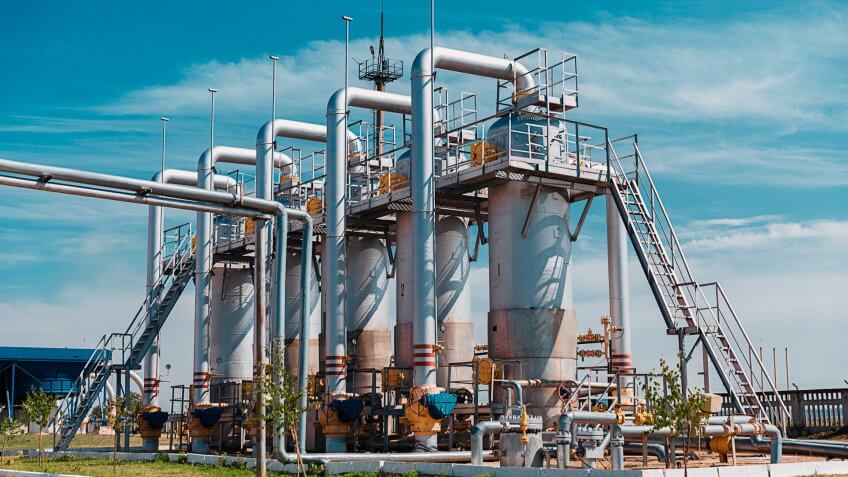 Gas station with pipeline and storage tanks.