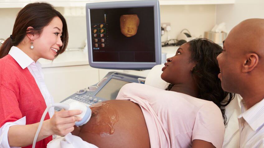 Obstetrician using sonography to check the baby in a pregnant mother