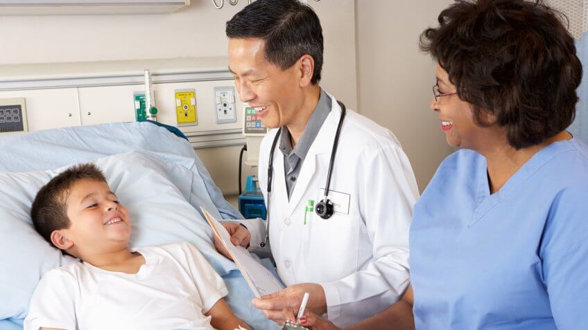 Doctor and nurse checking on a child patient