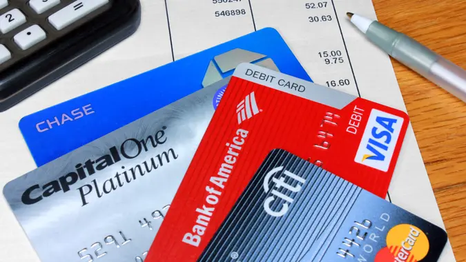 "Palm Springs, USA - February 9, 2012: A collection of four credit and debit cards.