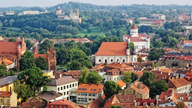 Bird's eye view of Vilnius old town from Gediminas' Tower, Lithuania.