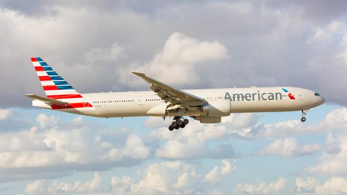 MIAMI, Florida - USA, January 14, 2017: An American Airlines Boeing 777-300ER landing at the Miami International Airport.