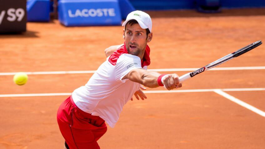 BARCELONA - APR 25: Novak Djokovic plays at the ATP Barcelona Open Banc Sabadell Conde de Godo tournament on April 25, 2018 in Barcelona, Spain.