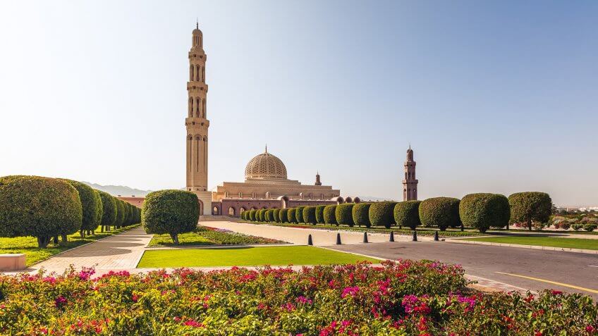 beautiful sultan qaboos grand mosque in muscat, oman.