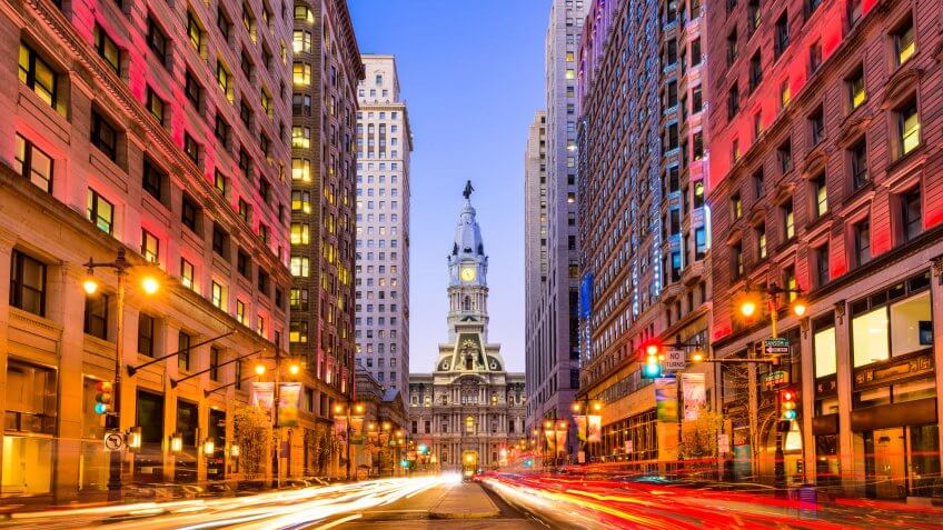 Philadelphia, Pennsylvania, USA downtown cityscape on Broad Street at City Hall.