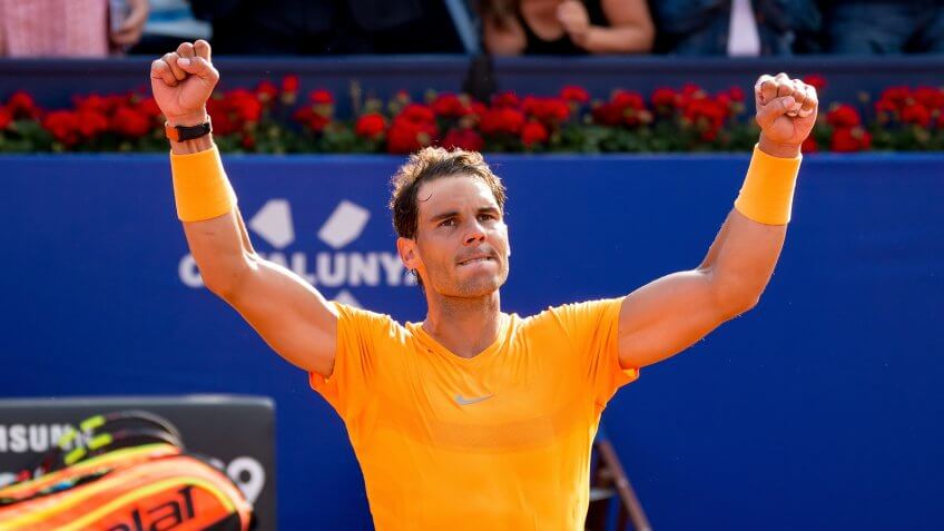 BARCELONA, SPAIN - APR 27: Rafael Nadal plays at the ATP Barcelona Open Banc Sabadell Conde de Godo tournament on April 27, 2018 in Barcelona, Spain.