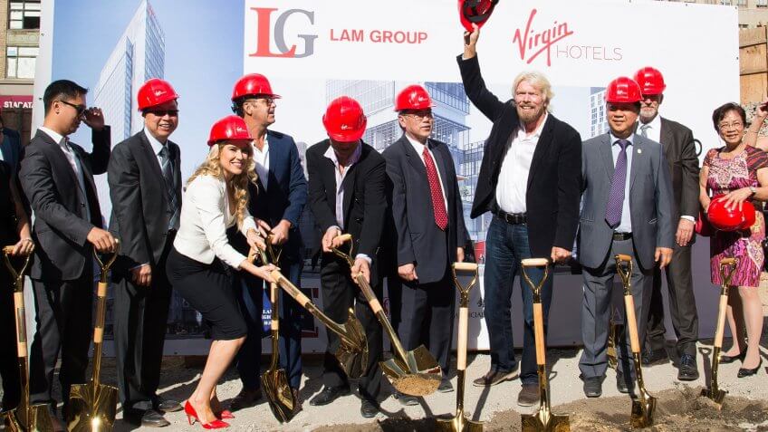 Photo by Charles Sykes/Invision/AP/REX/Shutterstock (9115307b)Sir Richard Branson along with Raul Leal, CEO of Virgin Hotels and development company, Lam Group, break ground for Virgin Hotels New York City at 1227 Broadway, on in New YorkVirgin Hotels Groundbreaking, New York, USA.