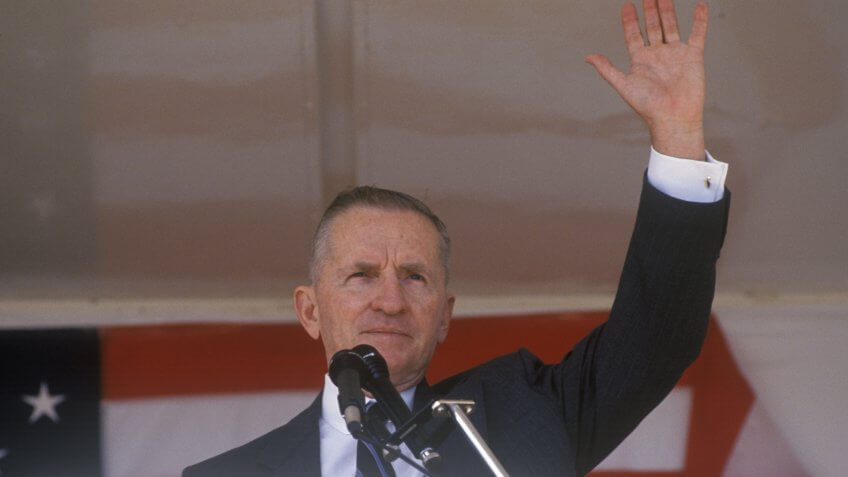 Millionaire businessman and Presidential candidate Ross Perot speaks at a petition drive in Orange County California.