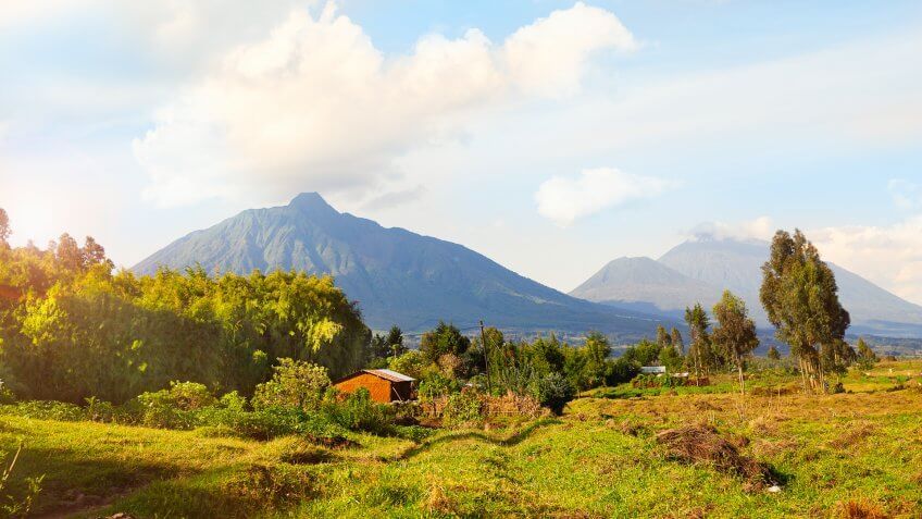 Sunset at Volcanoes national park in Rwanda.