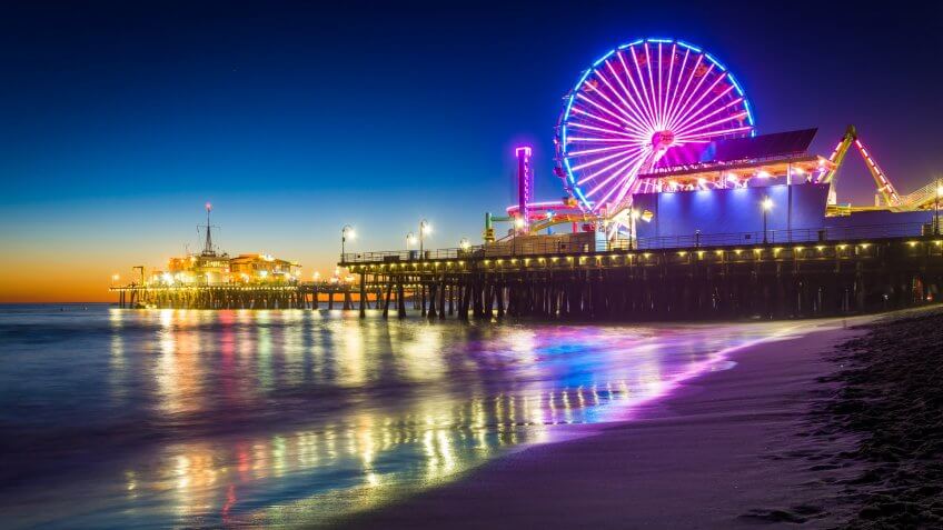 The Santa Monica Pier at night, in Santa Monica, California.
