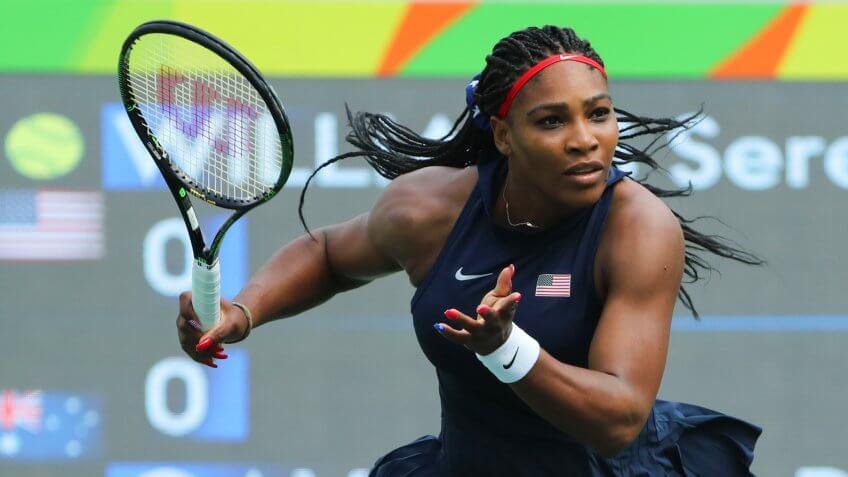 RIO DE JANEIRO, BRAZIL - AUGUST 7, 2016: Olympic champion Serena Williams of United States in action during singles first round match of the Rio 2016 Olympic Games at the Olympic Tennis Centre.