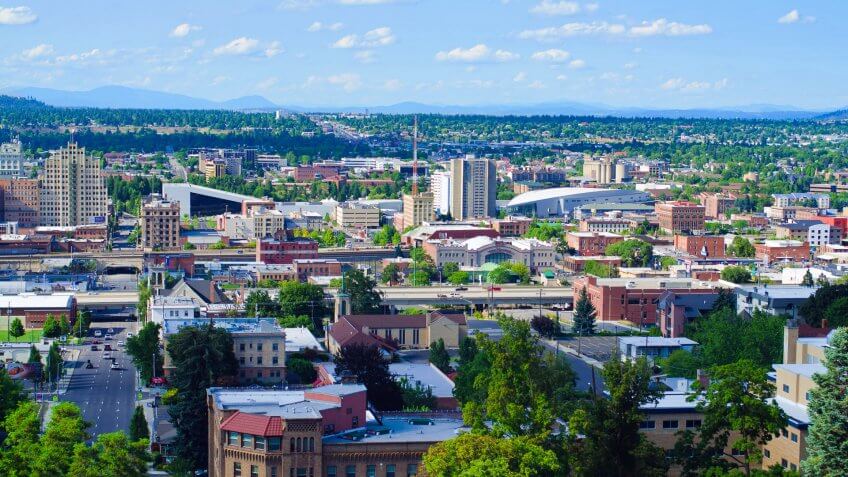 "Spokane, United States - July 21, 2012: View of downtown Spokane as seen from an elevated viewpoint along the South Hill.