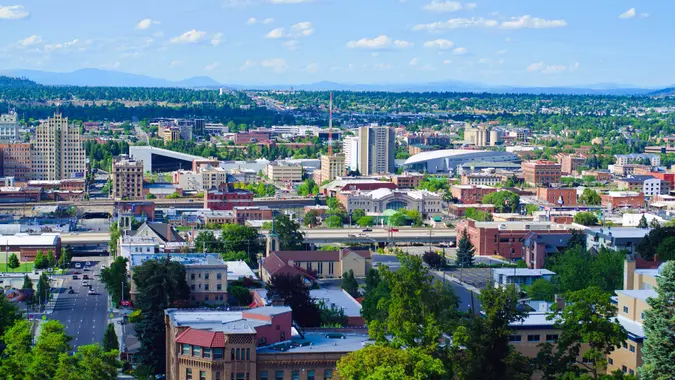 "Spokane, United States - July 21, 2012: View of downtown Spokane as seen from an elevated viewpoint along the South Hill.