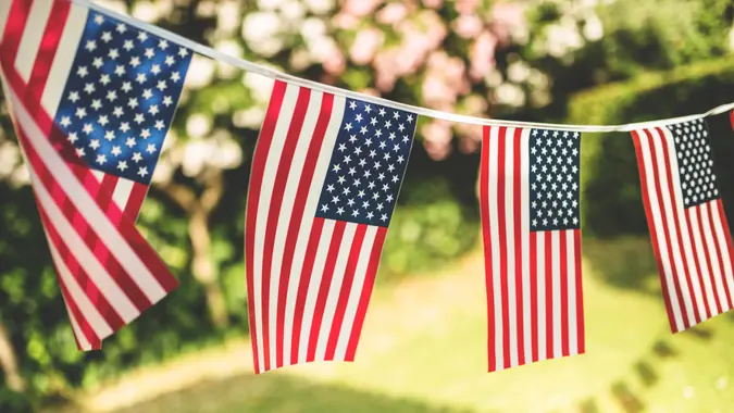 String of USA Flags hanging outside