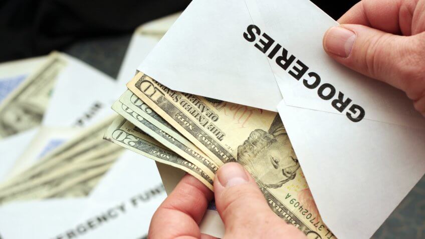 An envelope full of cash with the word "Groceries" printed on it, with other envelopes in the background.