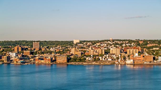 Yonkers, New York with the Hudson river in the foreground.