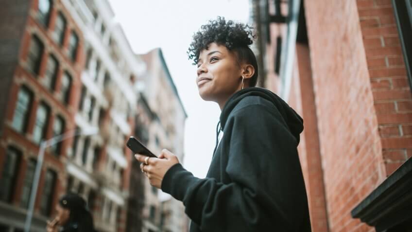 A young African American woman spends time in New York city, exploring Manhattan.