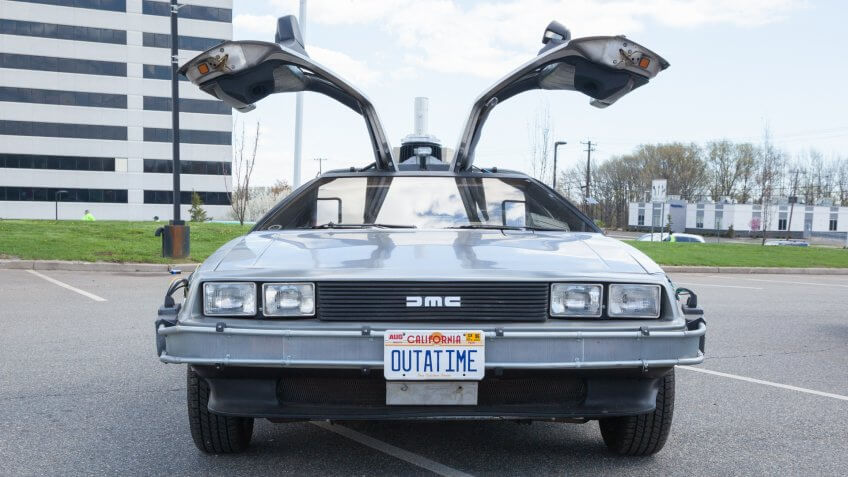 Woodbridge, New Jersey - April 26, 2015: A replica of the Back to the Future DeLorean is shown at a local car show.