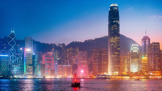 Cityscape Hong Kong with Junkboat at Twilight.