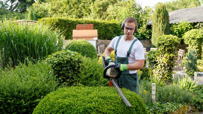 man using hedge trimmer on home landscape man using hedge trimmer on home landscape