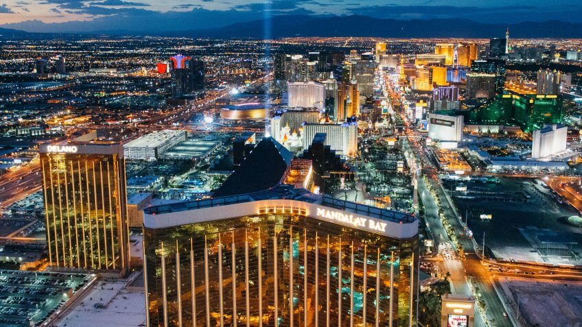Las Vegas, Nevada, USA - July 2017: Aerial view of Las Vegas Skyline at Dusk.