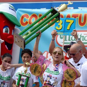 Photo by Erik Pendzich/Shutterstock (9735357b)Women's champion Miki Sudo eats 37 hot dogs in 10 minutes to defend her titleNathan's Famous Fourth of July Hot Dog Eating Contest, New York, USA - 04 Jul 2018.