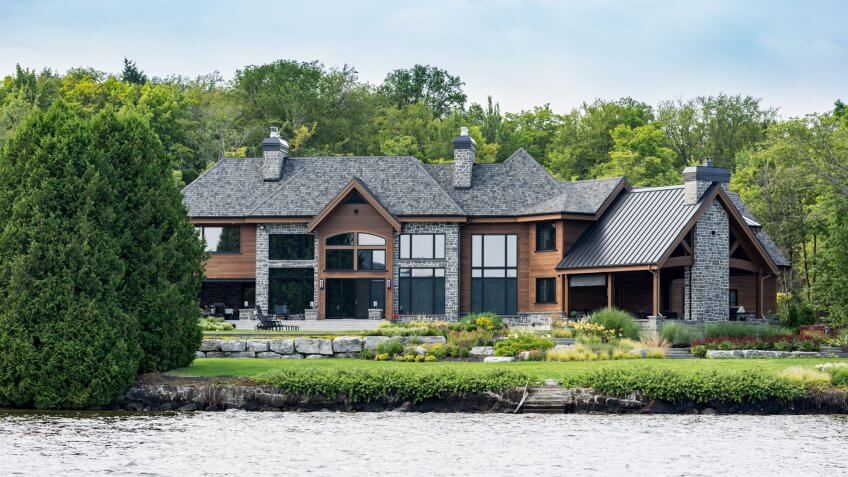 Lac St-Joseph, ?anada - August 18, 2015: Luxurious lakefront property located in Lac St-Joseph, a rich suburb of Quebec City on a sunny day of summer.