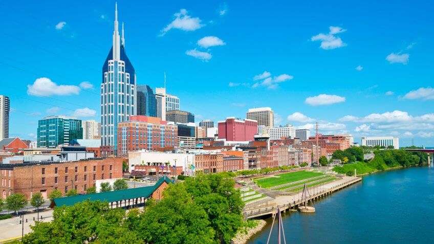 Nashville skyline view from the Shelby Street Pedestrian Bridge at daytime.