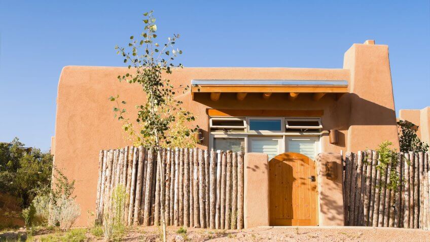 New adobe single family home in Santa Fe, New Mexico.