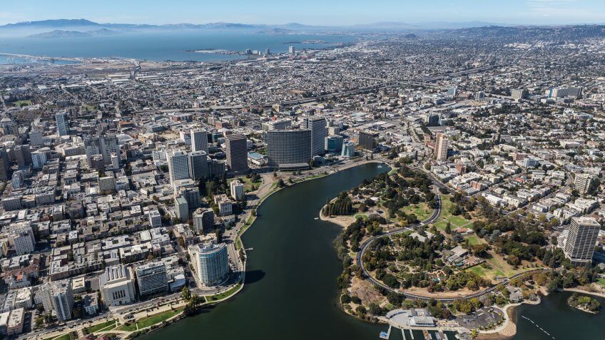 Aerial view of Oakland California and the San Francisco Bay.