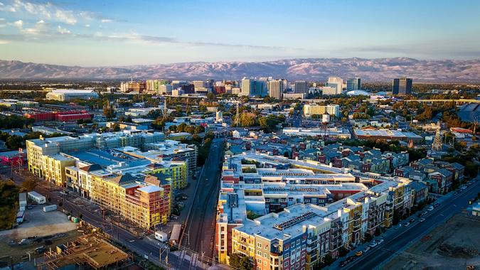 Drone photo of sunset over downtown San Jose in California.