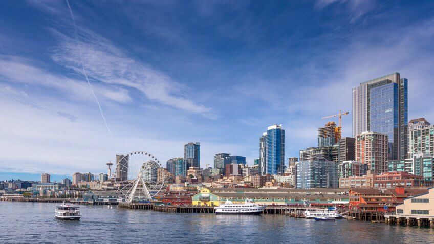 Downtown Seattle on a clear summer afternoon, taken from the ferry between Seattle and Bainbridge Island.