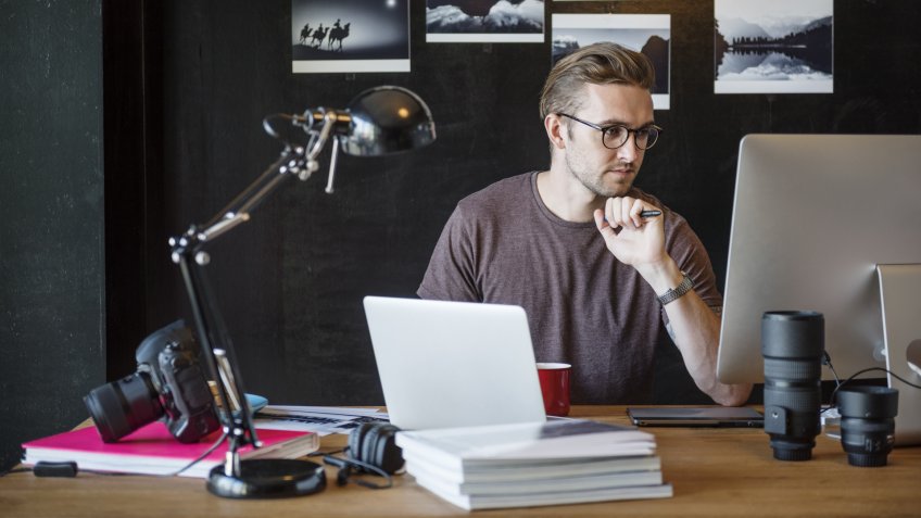Man Busy Photographer Editing Home Office Concept.