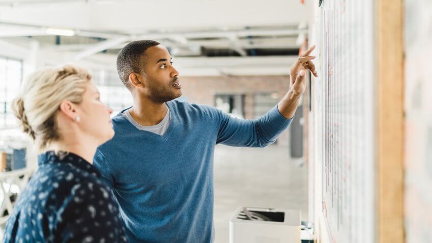 A photo of businessman discussing with female colleague over whiteboard.
