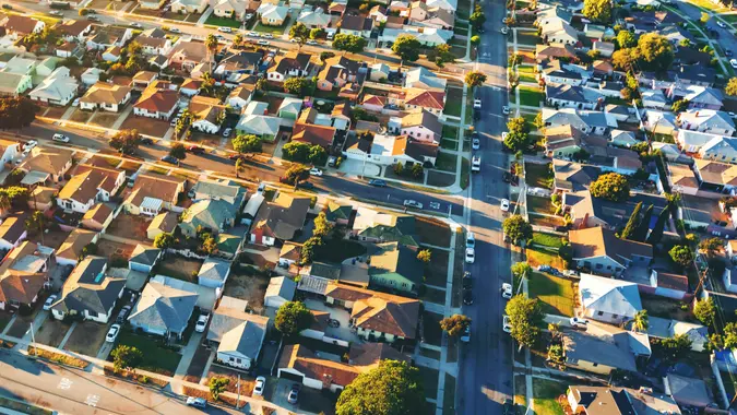Aerial view of of a residential neighborhood in Hawthorne, in Los Angeles, CA.