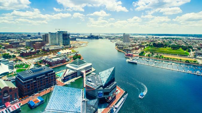 Inner Harbor of Baltimore, Maryland Aerial view of the Inner Harbor of Baltimore, Maryland on a clear summer day.