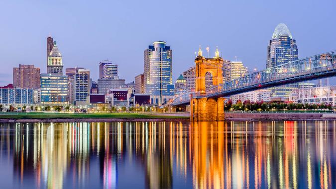 Cincinnati, Ohio, USA downtown skyline on the Ohio River.