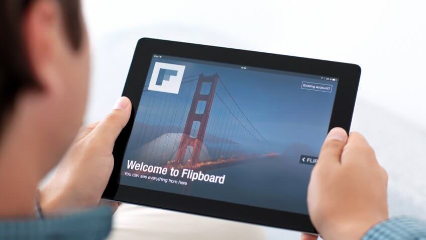 Simferopol, Russia - July 13, 2014: Flipboard journal application that collects information from users of social networking feeds and of information portals.