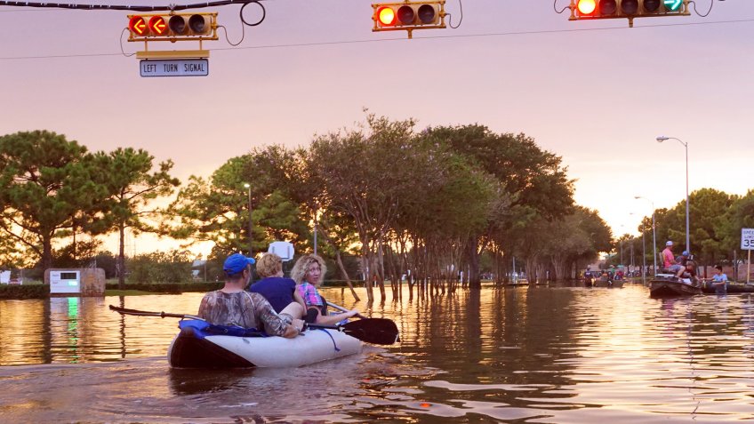 Hurricane Harvey Houston residents use boats to get around