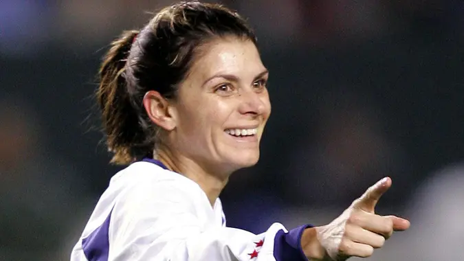 Mandatory Credit: Photo by Mark J Terrill/AP/REX/Shutterstock (6402003c)HAMM Mia Hamm of the United States Women's National team celebrates a goal by teammate Shannon Boxx during the first half against the Mexico Women's National team, Wednesday night, in Carson CalifMEXICO USA, CARSON, USA.