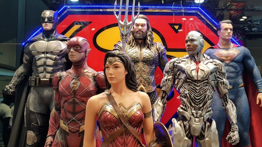 KUALA LUMPUR, MALAYSIA - MARCH 11, 2018: Justice League statue featuring Wonder Woman, Batman, Superman, Aquaman, Cyborg and The Flash at Kuala Lumpur, Malaysia.