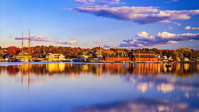Mystic River across from Historical whaling village of Mystic Seaport Mystic, CT.