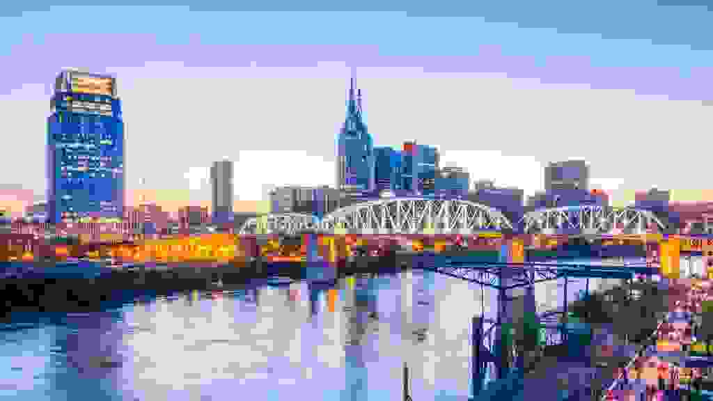Nashville Tennessee downtown skyline at Shelby Street Bridge.