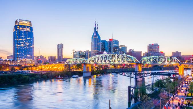 Nashville Tennessee downtown skyline at Shelby Street Bridge Nashville Tennessee downtown skyline at Shelby Street Bridge.