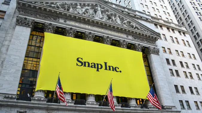 New York City, USA - March 2, 2017: Sign at the New York Stock Exchange marking the Initial Public Offering of Snapchat's parent company, Snap Inc.