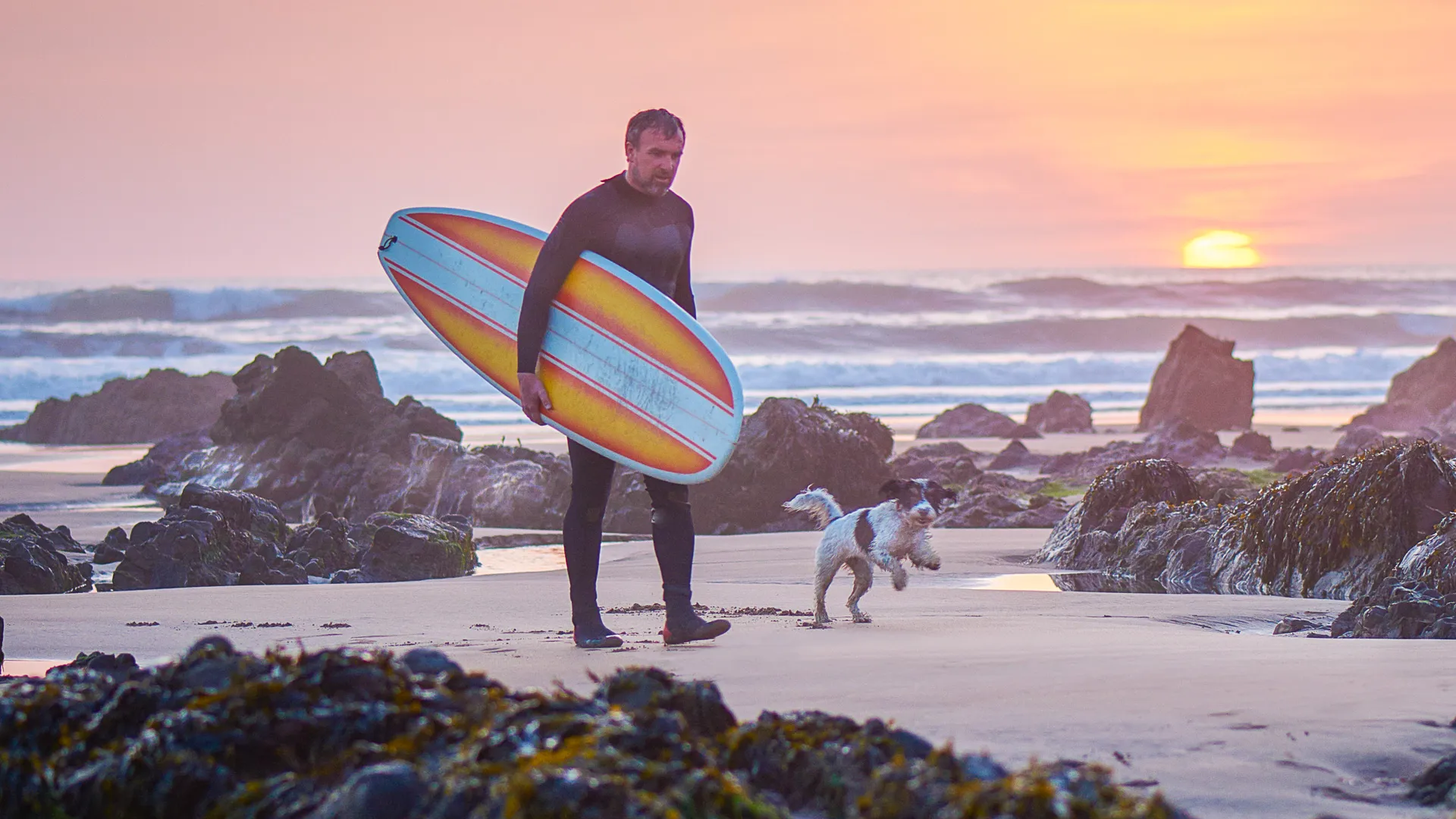 在一天的冲浪后，一个成熟的男人在日落时分带着他的迷你冲浪板离开了大海。