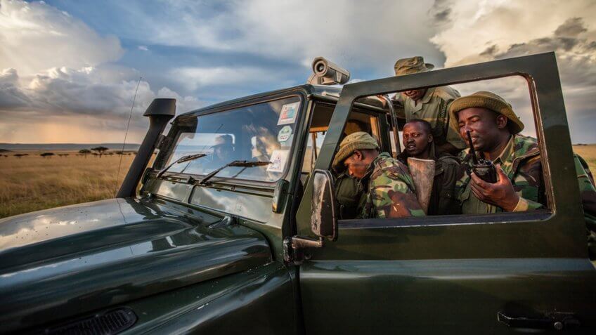 Ranger anti-poaching unit testing the newly installed mobile FLIR camera system at the Mara Conservancy at Maasai Mara National Reserve Kenya.