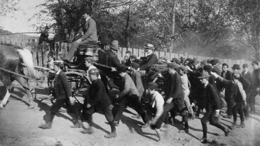 John Mitchell's horse-drawn carriage, arriving in a coal town during the Anthracite Coal Strike of 1902.