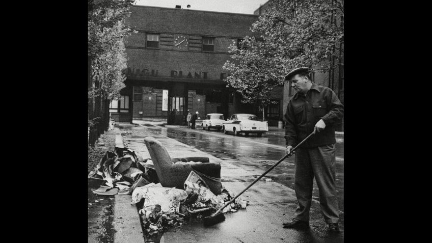 Mandatory Credit: Photo by AP/REX/Shutterstock (6652782a)A cleanup man at main entrance of the Bethlehem Steel Co.